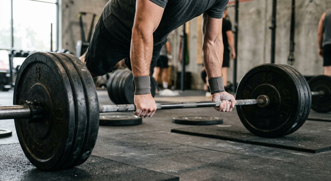 Handen met gemengde grip op een barbell tijdens een deadlift oefening in de sportschool.