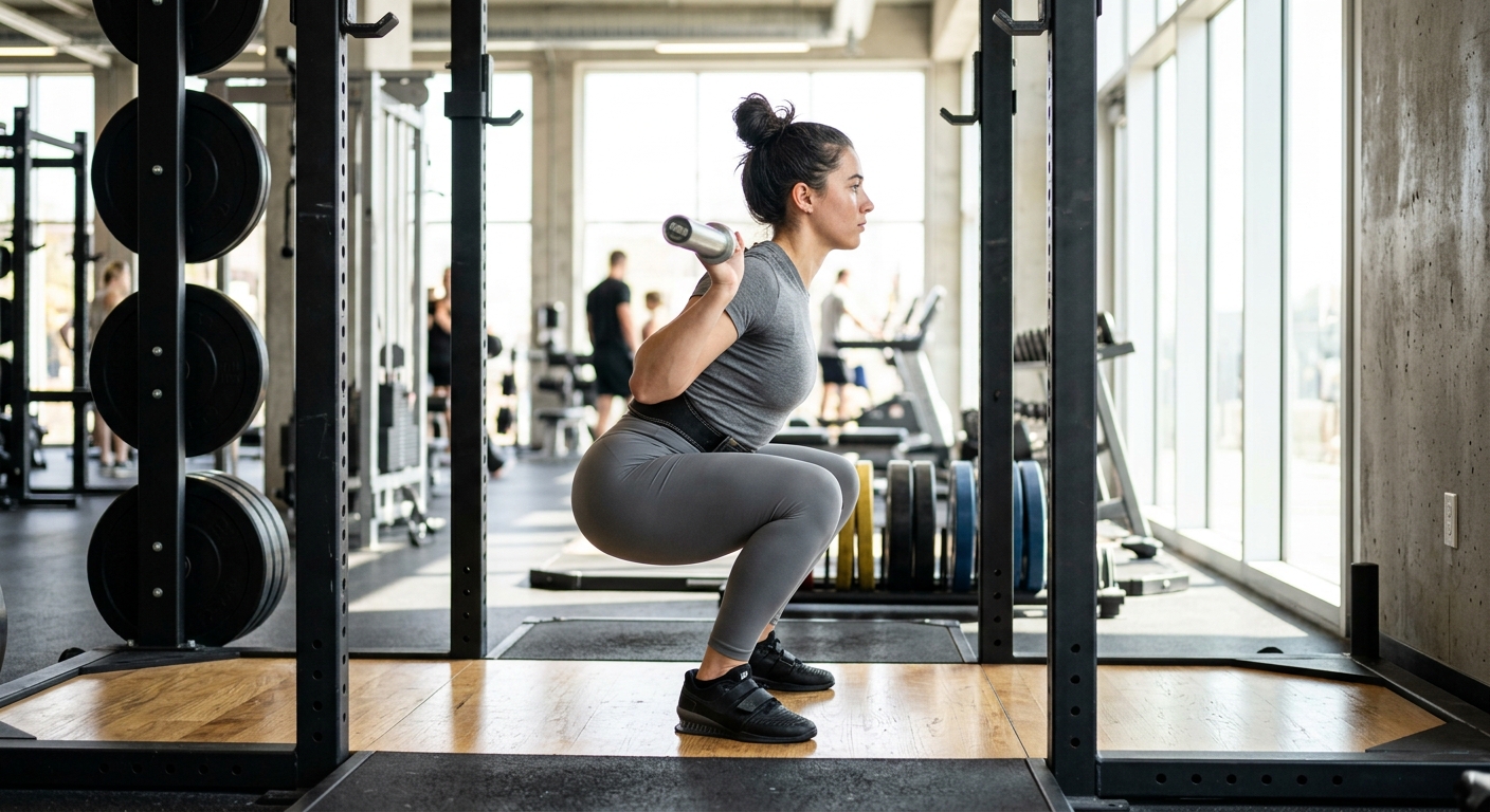 Een persoon in diepe squatpositie met gewichtsstang op de rug in een sportschool, gezien van opzij.