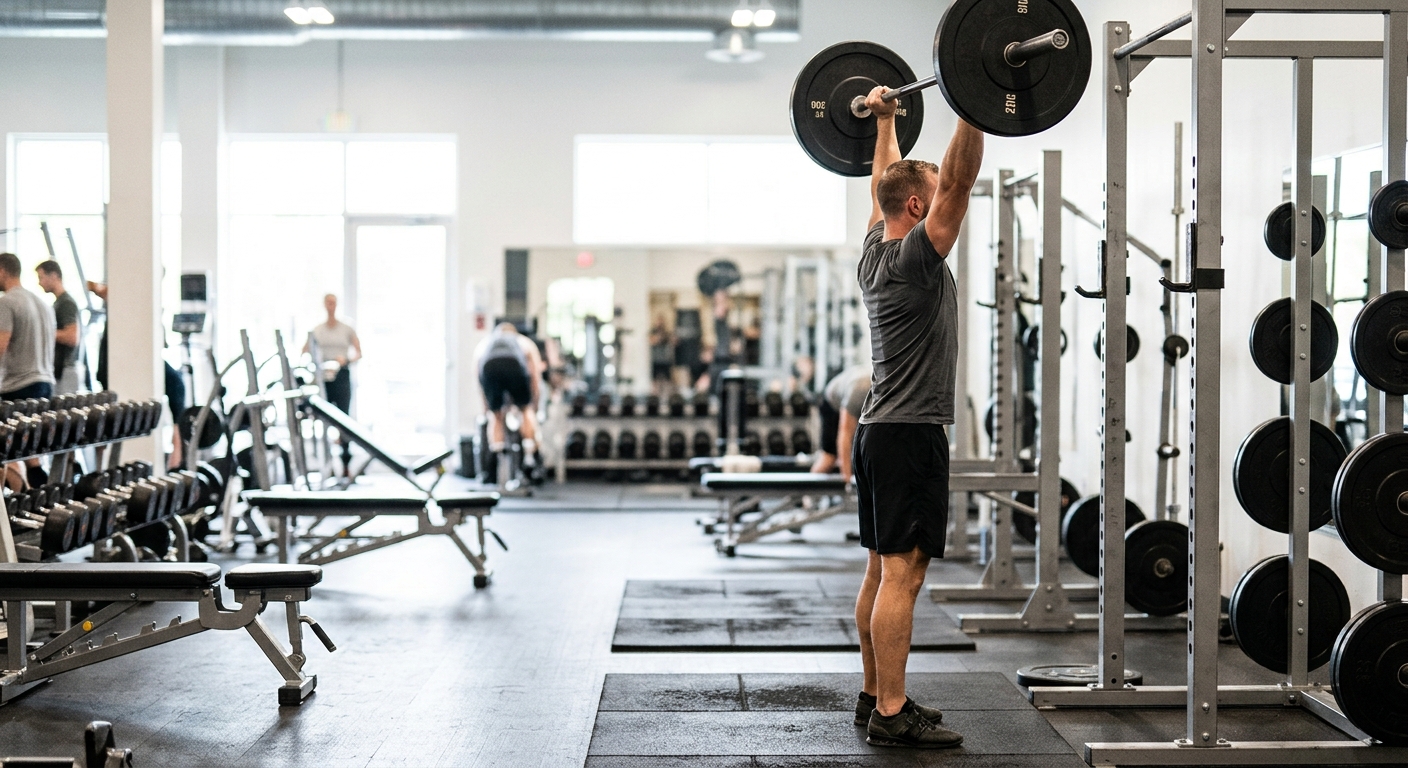 Persoon voert overhead press uit met barbell in sportschool, armen gestrekt boven hoofd, gecontroleerde krachttraining voor s