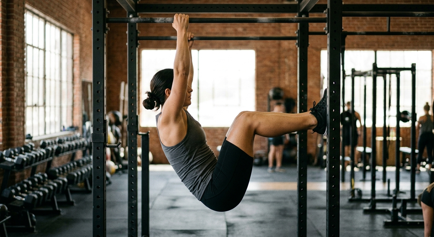 Een persoon hangt aan een pull-up bar en tilt zijn benen langzaam omhoog met gebogen knieën voor kerntraining.