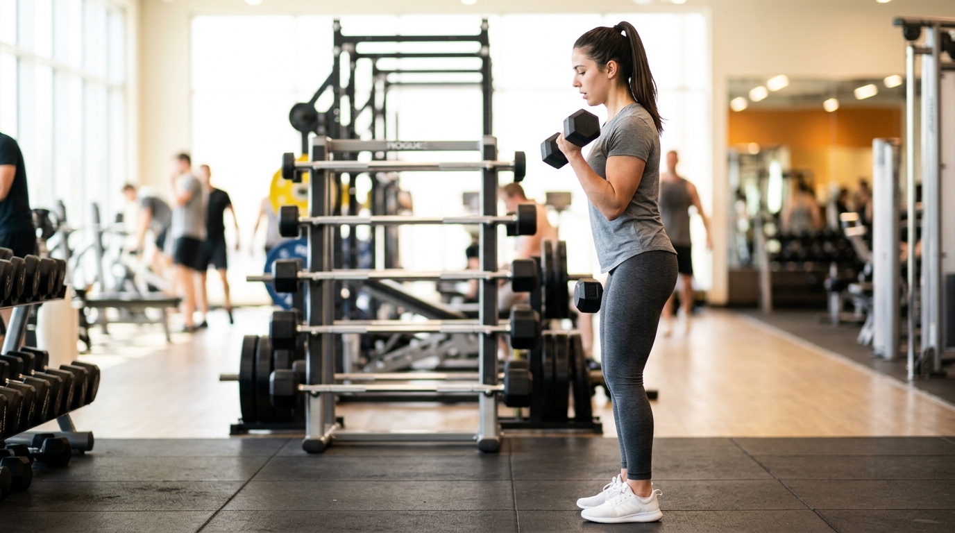 Persoon voert biceps curl uit met dumbbells in een sportschool met natuurlijk licht en gewichtsrek op achtergrond.