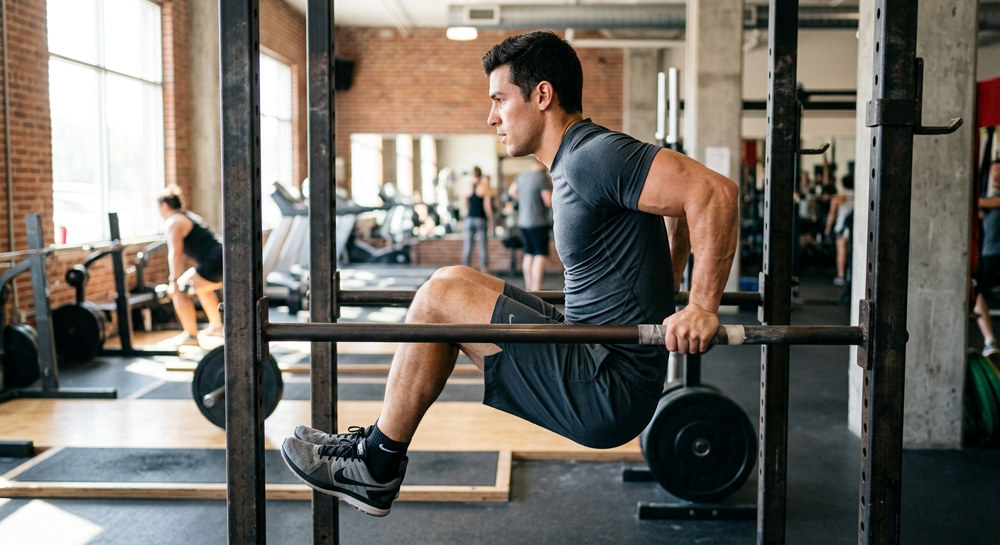 Een persoon voert tricep dips uit aan parallelle steunen met gebogen knieën en lichaam dicht bij de steunen in een sportschoo