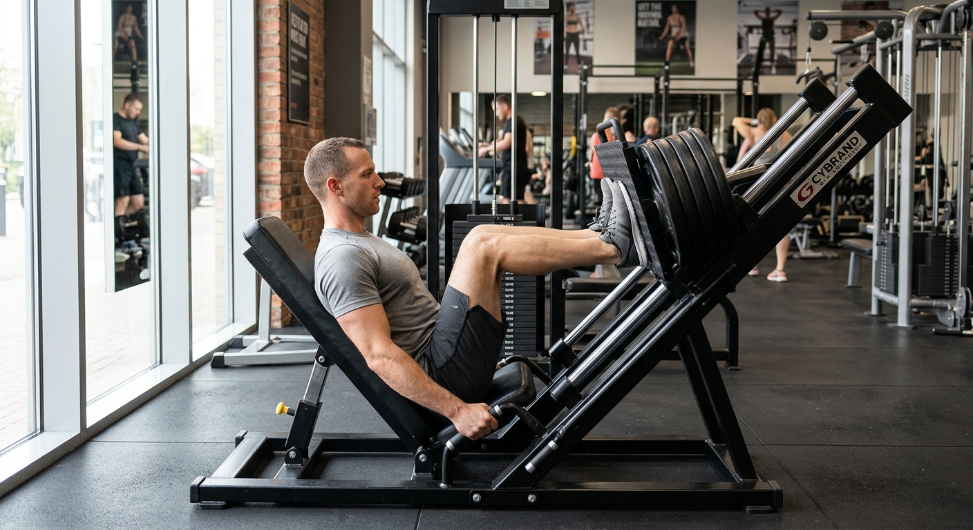 Persoon aan het trainen op een leg press machine met gebogen knieën en voeten op de plaat.