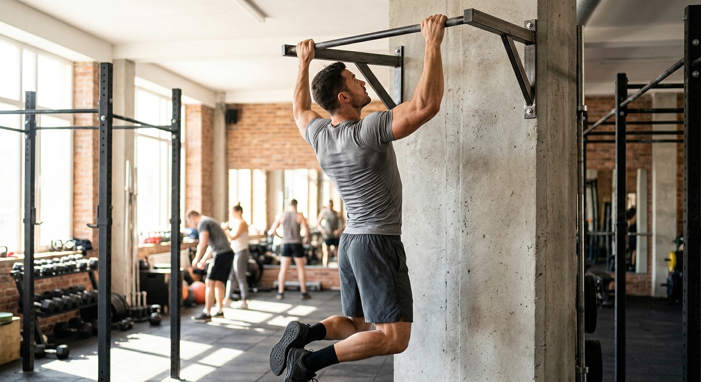 Man voert pull-ups uit in een sportschool, rugspieren gespannen met gestrekte armen.